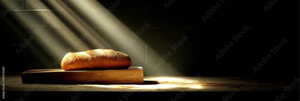 Poster exquisite loaf of artisanal bread illuminated by dramatic lighting in rustic kitchen setting generat