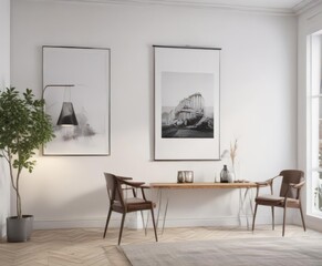 Stylish interior, poster hanging with clips on white wall  Bright, airy room , apartment, artwork, decor