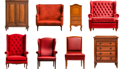 Collection of mahogany armchairs and cabinets, cut out transparent