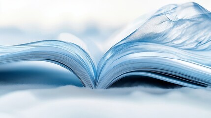 Open book, icy blue hues, rests on soft, white clouds.