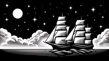 Nocturnal Voyage: Two majestic sailing ships glide across a tranquil sea under a moonlit sky, stars twinkling above, clouds softly embracing the horizon. A scene of serene nautical adventure.