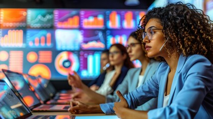 African female business professional in light blue blazer wearing headset working on laptop with serious expression in colorful high-tech control room with data visualization screen.