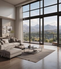Fototapeta premium Spacious condo, stunning vista from large window, luxury apartment, sun, minimal