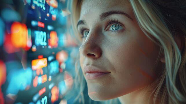 Young adult Caucasian female with blonde hair looking at glowing financial data interface with colorful stock numbers graphs reflected on face showing ambition, vision in futuristic trading.