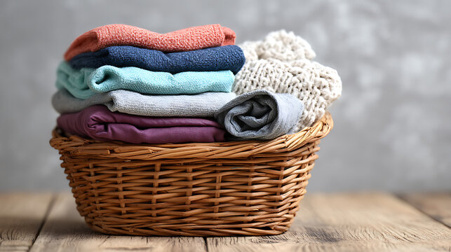 Colorful clothes neatly stacked in a wicker basket on a wooden surface with a neutral gray background