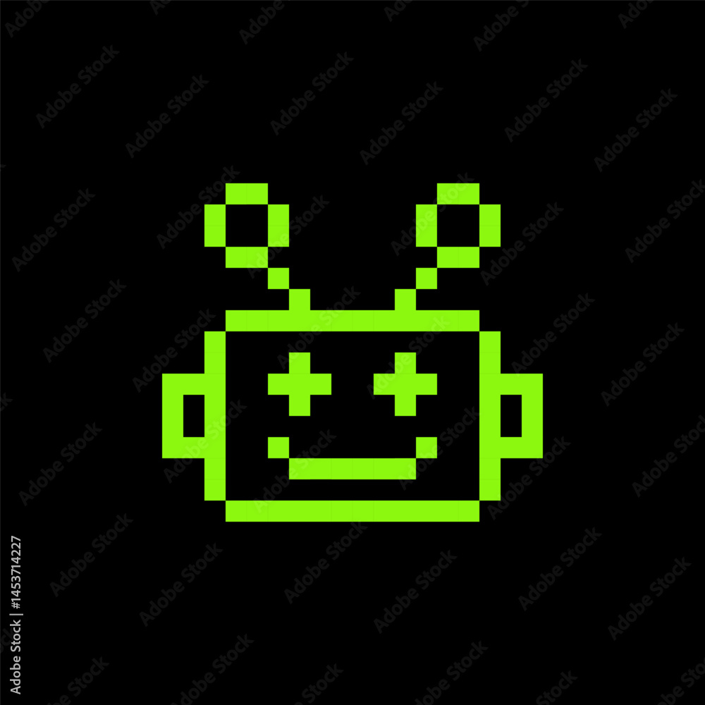 Poster y2k cute bot pixel art icon. robot head icon. chatbot 8 bit video game emoji. vintage retro sticker.