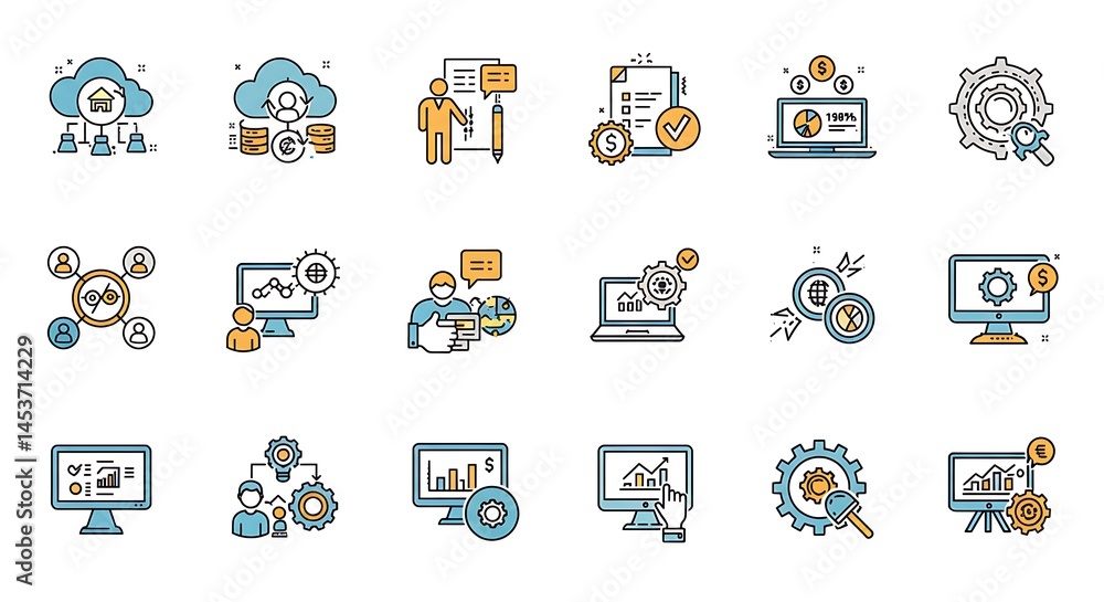 Fototapete a precise grid of ultra-smooth thin line art icons depicting business and technology concepts. each 