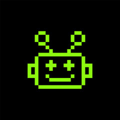 Y2k cute bot pixel art icon. Robot head icon. Chatbot 8 bit video game emoji. Vintage retro sticker. Editable pixel vector illustration. Game abstract element. Geometric shape. Vector green element