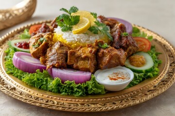 Grilled Meat and Rice with Vegetables on Gold Plate