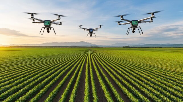 AI Agricultural Drone Swarm Optimizing Crop Yield on Futuristic Farm - Powered by Adobe
