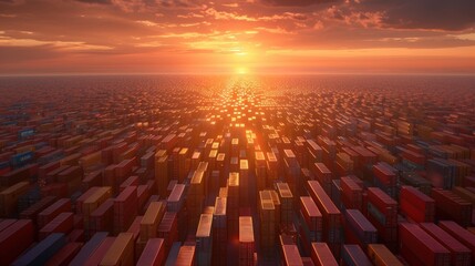 Obraz premium Expansive view large-scale seaport operating at peak capacity, with countless shipping containers bathed in golden sunset light global logistics hub facilitating international trade, maritime.