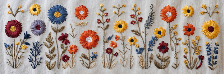 embroidery of flowers over natural linen fabric