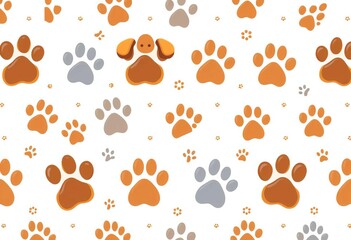 Fototapeta premium Adorable cartoon dog and kitten paw prints in a repeating seamless pattern on white background, fabric, pattern