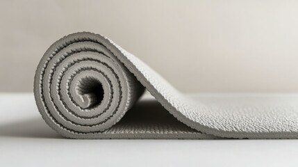 Rolled-up gray yoga mat on white background. Ready for your workout!