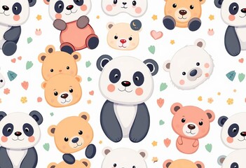 Adorable cartoon panda, polar bear, and teddy bear seamless pattern on a white background, surface pattern, cute