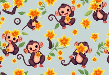 Adorable cartoon monkeys playfully holding vibrant orange blossoms in a repeating seamless pattern, colorful, playful