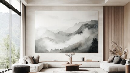Modern minimalist living room featuring a large, serene mountain landscape artwork.  A spacious, light-filled room with comfortable seating and a focus on natural materials and textures