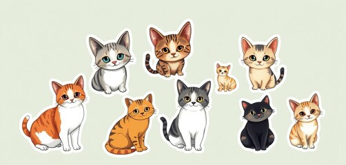 Obraz premium Adorable hand-drawn cat stickers in various breeds and poses Perfect for apparel, prints, and pet shops, adorable, cat pattern