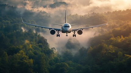 Commercial jet aircraft flying over lush forest canopy.