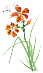 Daylily plant with a dragonfly digital artwork inspired by Chinese ink brushstroke style