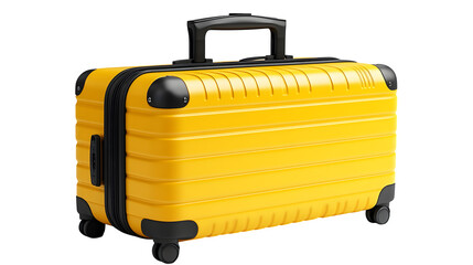 Fototapeta premium Yellow 3D luggage bag with handles, cartoon plastic style, isolated on white background