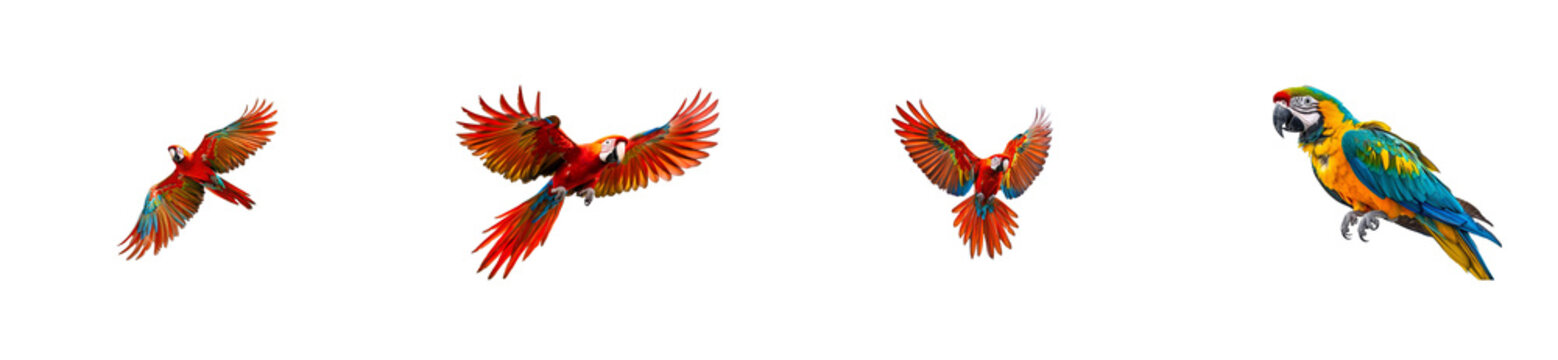 Colorful parrots in flight and perched together. cut out transparent