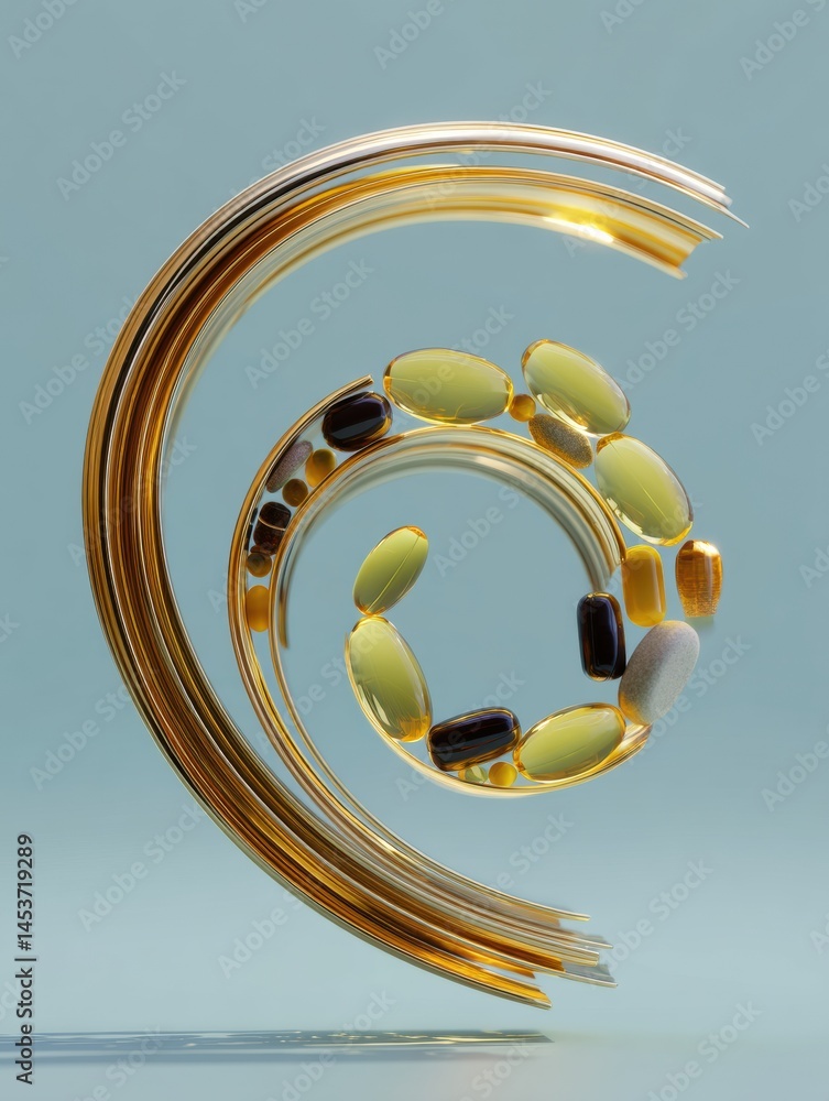 Leinwandbilder elegant floating vitamins arranged in a clean spiral showcasing health and wellness in artistic form