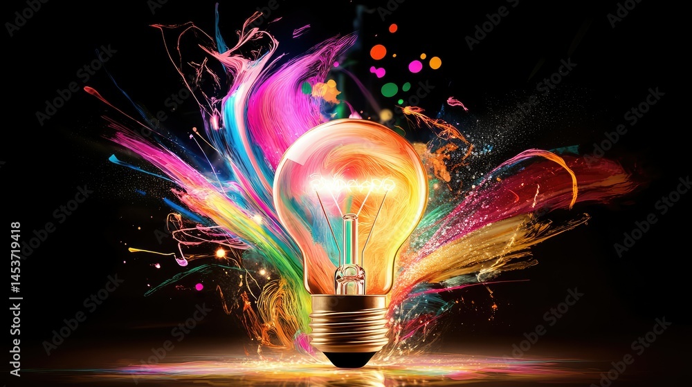 Poster dynamic neon light bulb bursting with radiant swirls of color, representing the spark of innovation 