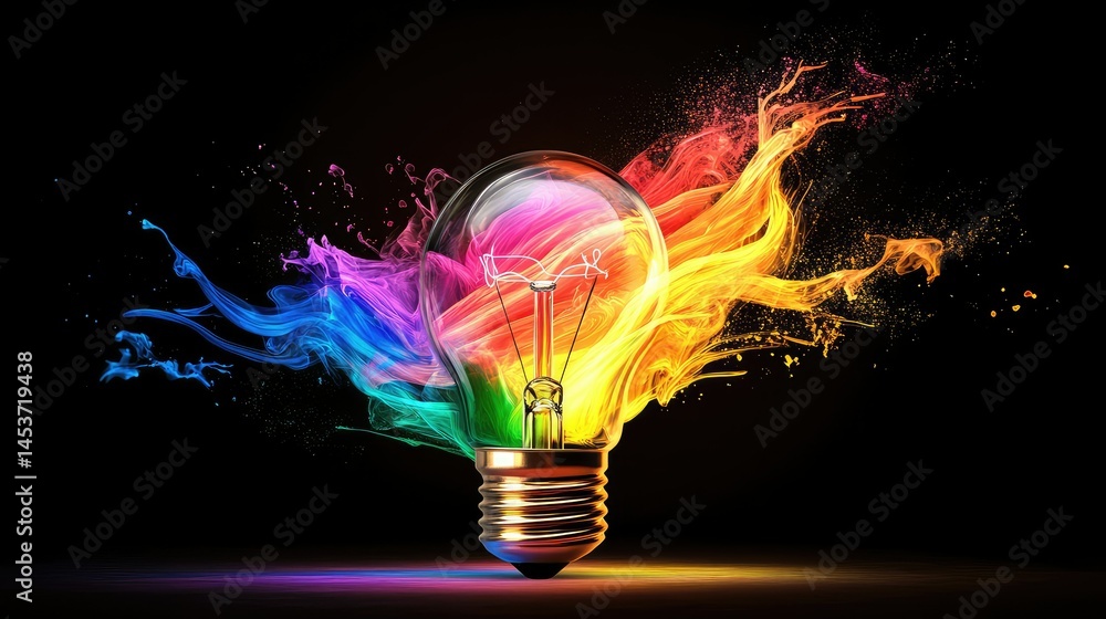 Poster dynamic neon light bulb bursting with radiant swirls of color, representing the spark of innovation 