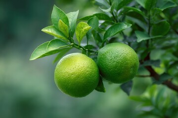 Fresh Lime on Branch with Green Leaves