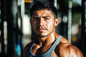 Fototapeta premium Muscular Latin American man posing confidently in a fitness setting with natural lighting