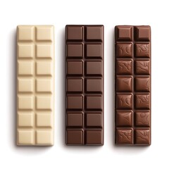 Three chocolate bars of different colors are displayed isolated on white background