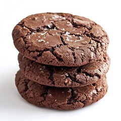Stack of three chocolate chip cookies with sea salt isolated on white background