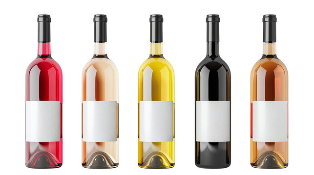 Set of wine bottles with white labels mockup isolated on transparent background PNG