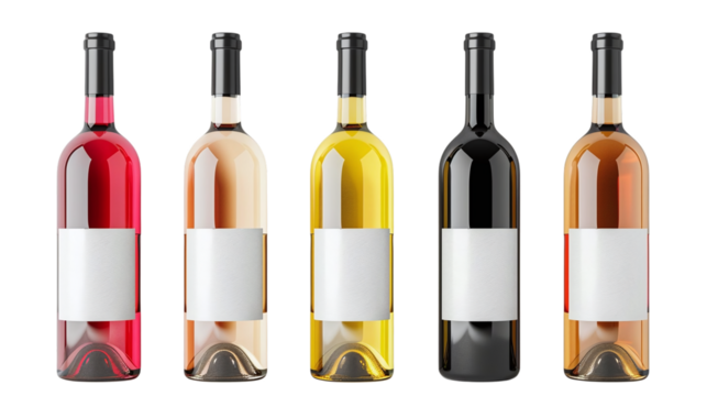 Set of wine bottles with white labels mockup isolated on transparent background PNG