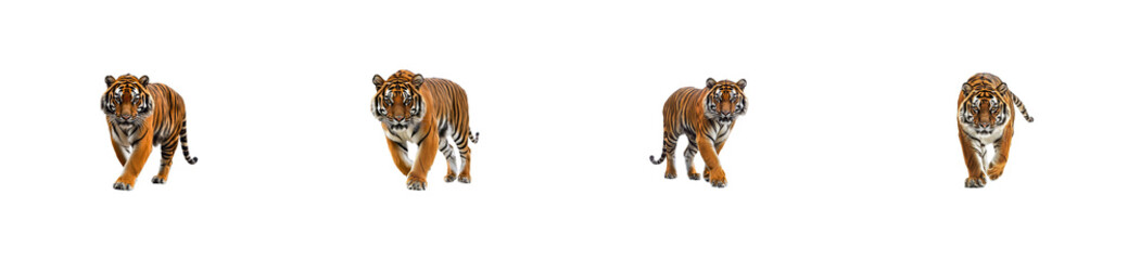 Fototapeta premium Isolated Bengal Tigers Walking Forward, Wild Feline Animal Poses. cut out transparent