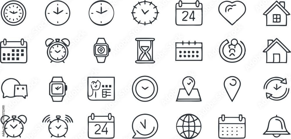 Poster time and location editable stroke outline icons set isolated on white background - flat vector illus