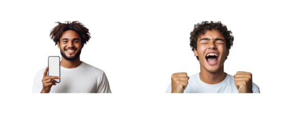 Two young men showing excitement with phone. cut out transparent