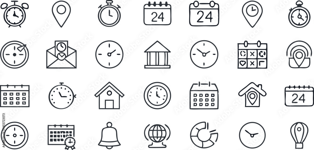 Poster time and location editable stroke outline icons set isolated on white background - flat vector illus