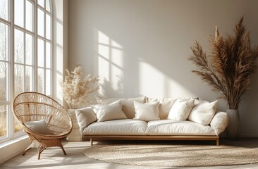 Modern sunlit living room with neutral tones and wicker furniture.