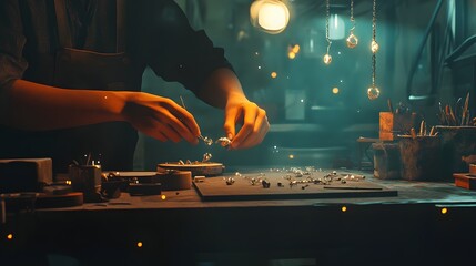 Close-up view of artisan crafting jewelry in a dark workshop.