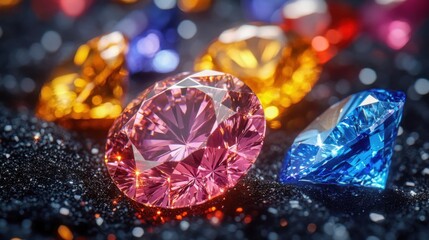 Colorful sparkling gemstones in various shapes reflecting light against a dark background creating a dynamic visual appeal
