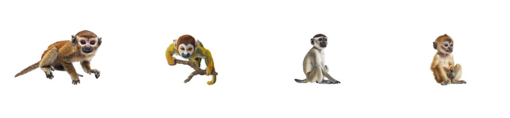 Obraz premium Four monkeys isolated, different types and poses. cut out transparent