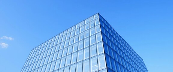 Abstract geometric glass facade, modern corporate building, blue sky, building, technology
