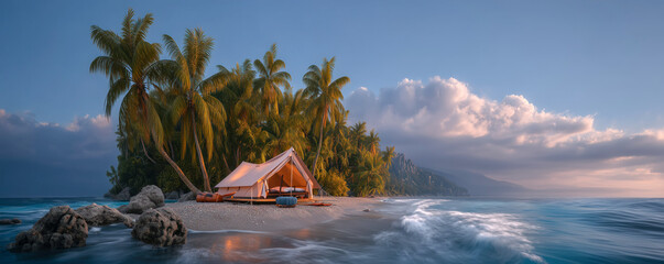 Camper sets up a tent by a beautiful seaside, breathing in the fresh morning air under a calm, clear sky