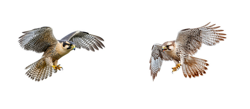 Two flying falcons with spread wings on dark background. cut out transparent