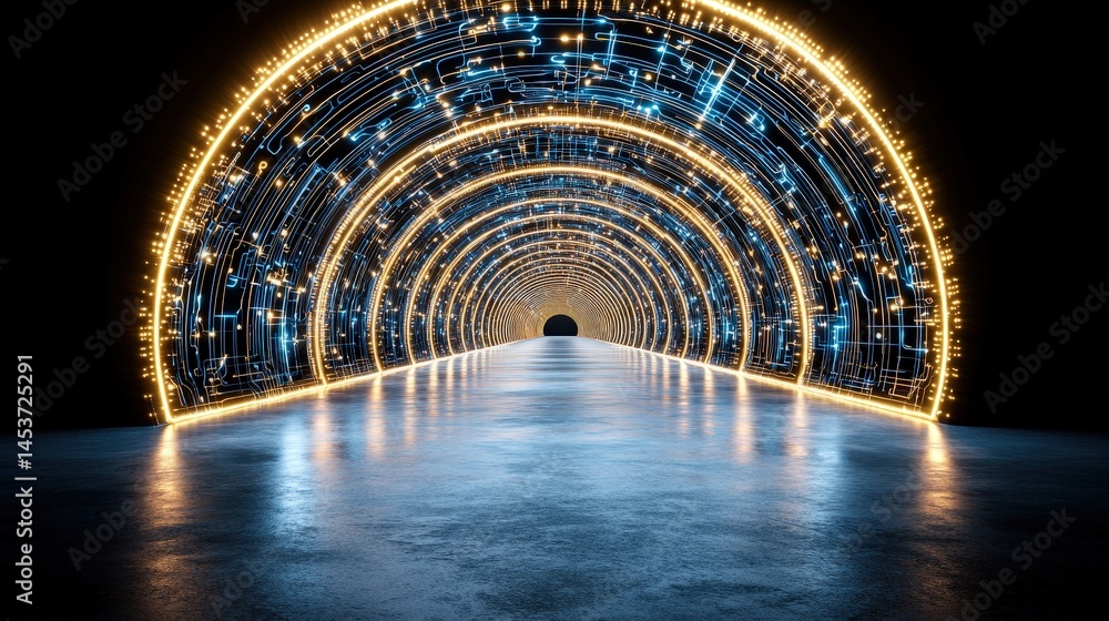 Poster illuminated tunnel with colorful lights creating a vibrant atmosphere for artistic and creative shot