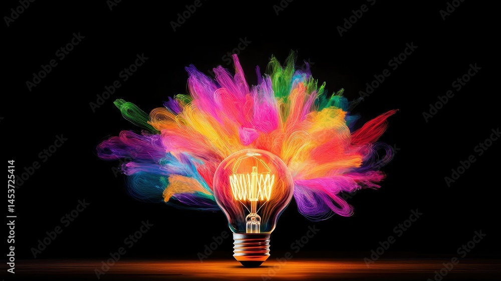 Aufkleber neon-lit light bulb with dynamic, multicolored energy swirls emanating outward, symbolizing an explo