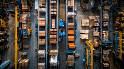 High angle view of an automated warehouse with conveyor belts and stacked cardboard boxes.  