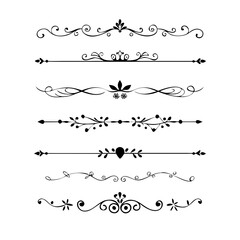 calligraphic design Text dividers doodle set. Wedding decorative elements. Divider ornament, borders, vintage line separators. Hand drawn vector illustration isolated on white back and page decoration